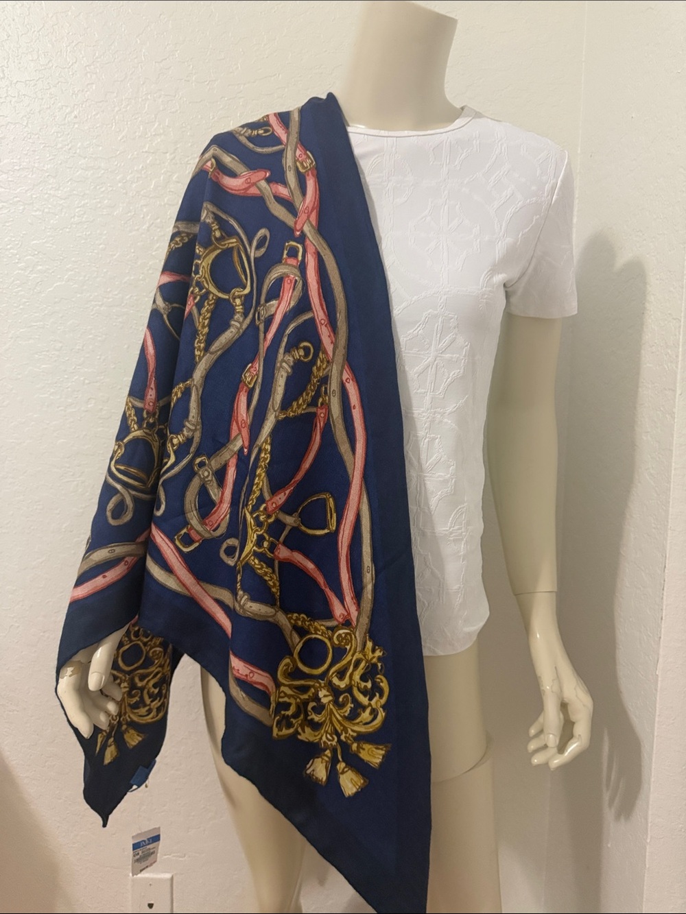 J. McLaughlin Navy Blue Equine Chain Print Scarf cashmere